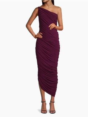 Norma Kamali One-Shoulder Ruched Midi Dress in Plum